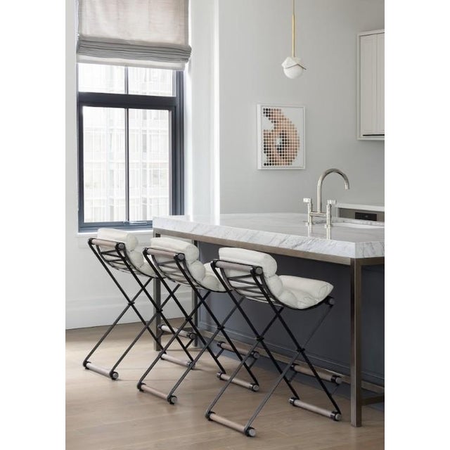 2020s Attributed Thomas Hayes Studio Iron and Rolled Leather Counter Stools - Set of 3 For Sale - Image 5 of 7