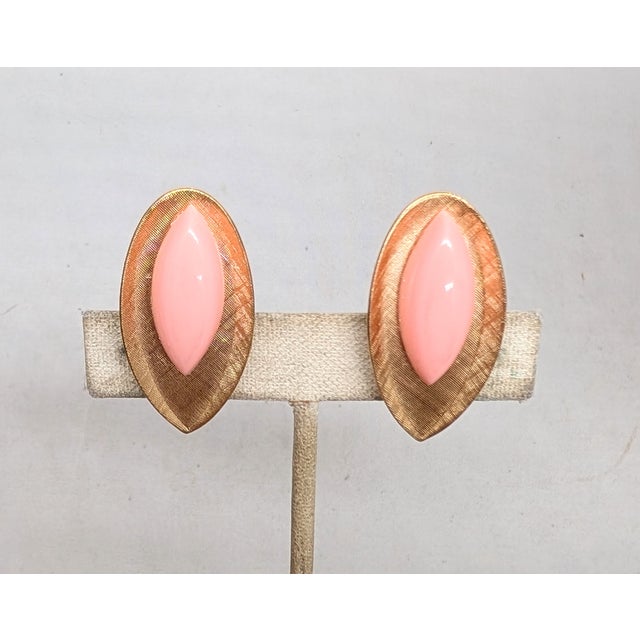 Napier Vintage 1950s Signed Napier Goldtone Florentine Finish Pink Resin Clip Earrings-2 Pieces For Sale - Image 4 of 7