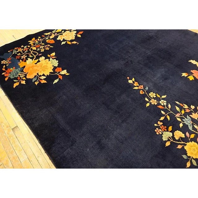 1930s 1930s Black Floral Spray Antique Chinese Art Deco Carpet 8'10" X 11'6" Handknotted Wool Rug For Sale - Image 5 of 13