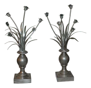 1930's French Art Deco Silver Bronze Floral Vase W/ "Feuillage" Accent Table Lamps by Maison Jansen - a Pair