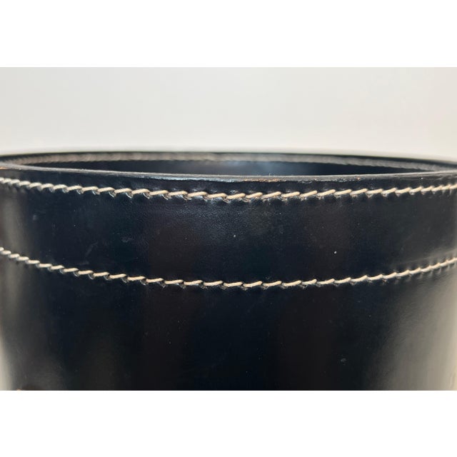 1970s Black leather and brass wastepaper basket in the style of Jacques Adnet For Sale - Image 9 of 12