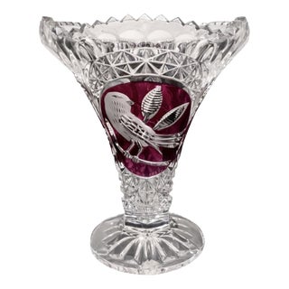 Vintage Cut Crystal Pedestal Bowl with Ruby Red Bird Panels, 1940s For Sale