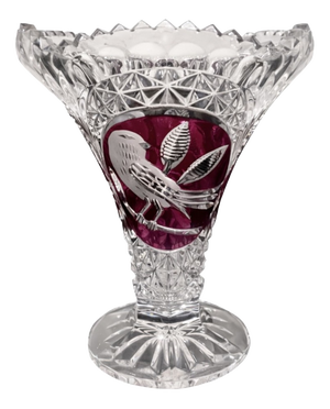 Vintage Cut Crystal Pedestal Bowl with Ruby Red Bird Panels, 1940s