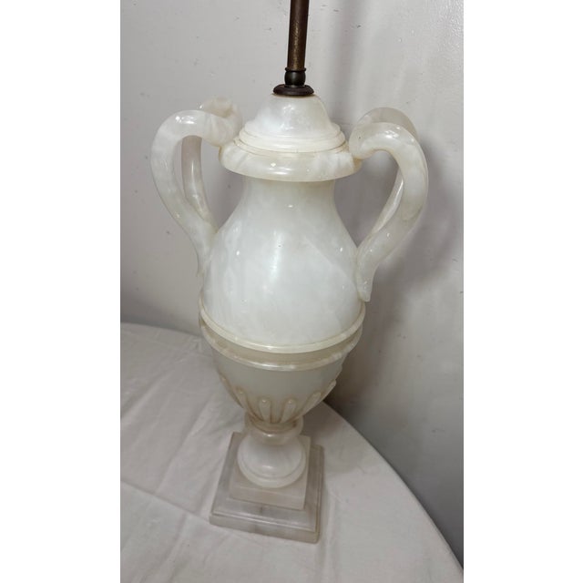 Metal Antique Italian Hand Carved Alabaster Marble Stone Urn Style Electric Table Lamp For Sale - Image 7 of 14
