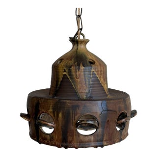 Vintage Mid-Century Modern Pendant Ceiling Lamp Brown Pottery Ceramic For Sale