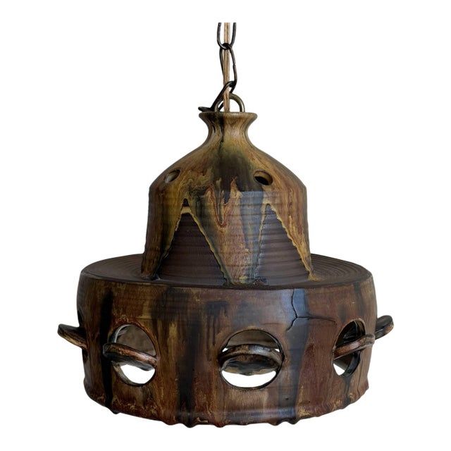 Vintage Mid-Century Modern Pendant Ceiling Lamp Brown Pottery Ceramic For Sale