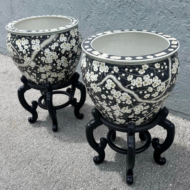 Vintage Chinese Hand Painted Floor Vases/Fish Bowls on Wooden Stands - A Pair For Sale - Image 4 of 9