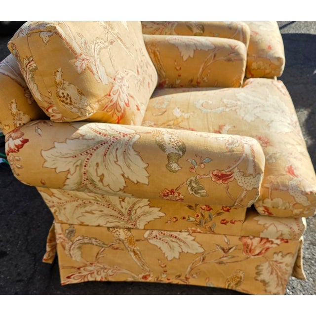 Late 20th Century Pair of English Roll Arm Club Chairs in Mulberry Early Birds Sand Fabric With Skirted Bases, Late 20th Century For Sale - Image 5 of 9