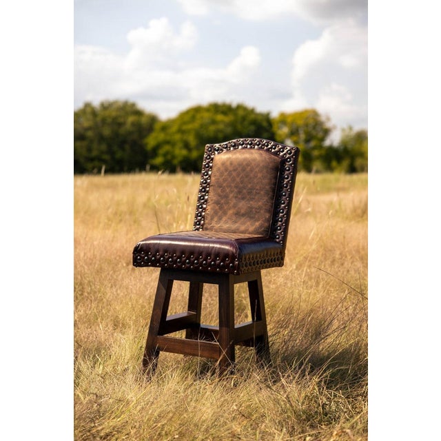 Wood Rustic Cowhide Swivel Stool, Kennedy Ranch Leather Barstool, Western Nailhead Counter Chair For Sale - Image 7 of 7