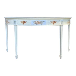 1980s Hand Painted White and Floral Demilune Table For Sale