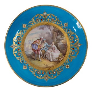 18th Century French Sevres Vincennes Bleu Celeste Plate With Courting Scene For Sale