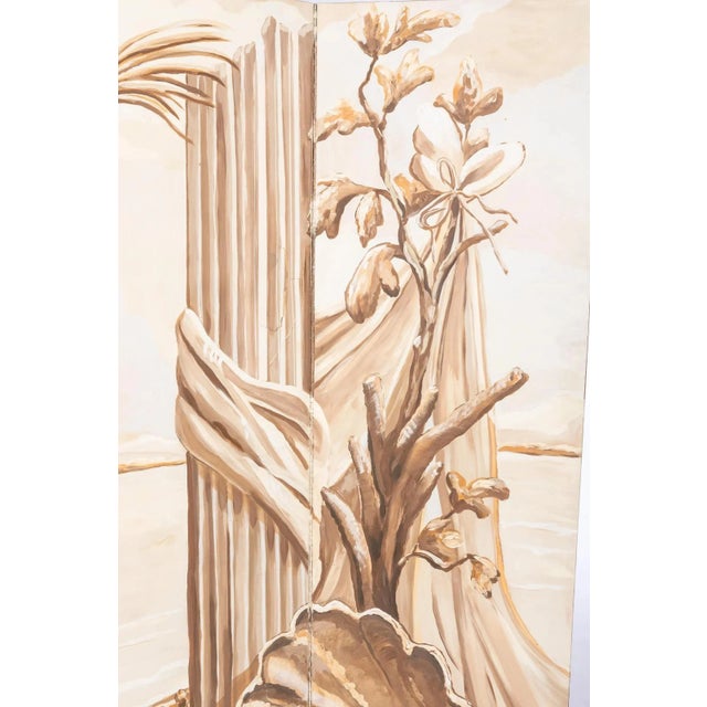 Elegant neoclassical hand-painted screen room divider in beige monochrome. Features a Phoenix bird flying amongst the...