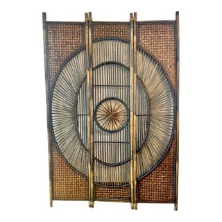 Mid 20th Century Bamboo Wicker Sunburst Folding Room Divider Screen, 3 Panel For Sale