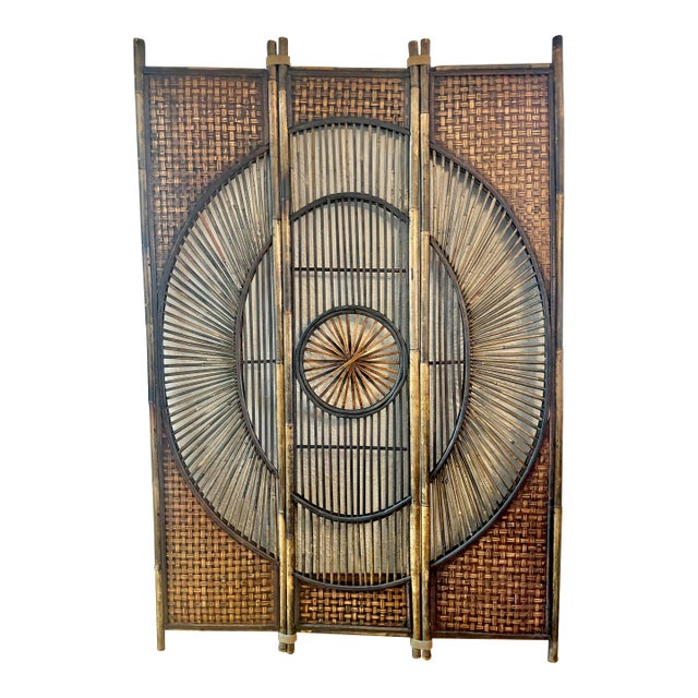 Mid 20th Century Bamboo Wicker Sunburst Folding Room Divider Screen, 3 Panel For Sale