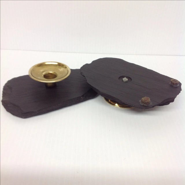 Black Slate & Solid Brass Candle Holders - A Pair For Sale - Image 4 of 4