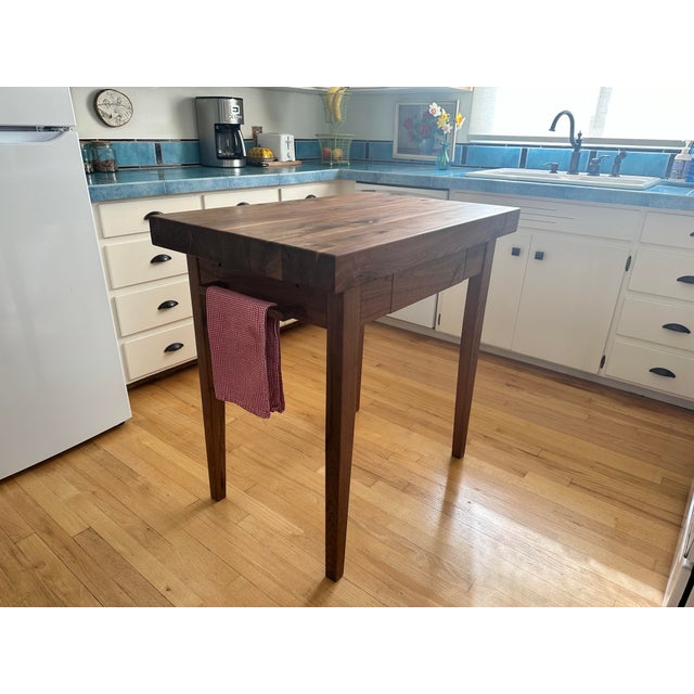 Solid 3” Thick Walnut Kitchen Table, Dovetailed Drawer, Towel Bar and Tapered Legs For Sale - Image 9 of 9