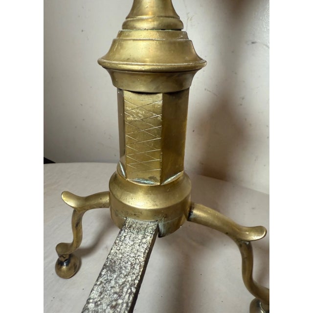 Pair of Antique 1700's Peened Brass Wrought Iron Federal Double Lemon Andirons For Sale - Image 4 of 12