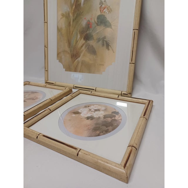 1970s Vintage Floral Print Set With Bamboo Look Frames - Set of 3 For Sale - Image 5 of 12