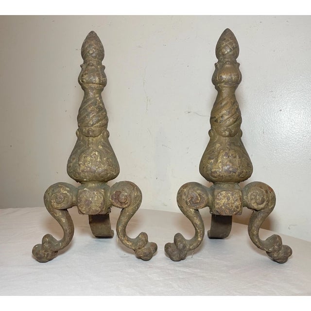 Metal Pair Antique Ornate 19th Century Solid Cast Iron Claw Fireplace Andirons Set For Sale - Image 7 of 13