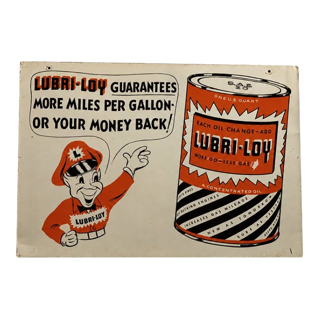 1950s Early Lubri-Loy Motor Oil Additive Advertising Sign For Sale