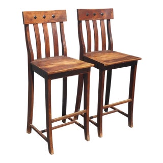 Vintage Spanish Style Solid Wood Bar Stools W Decorative Nails Clavos - a Pair For Sale