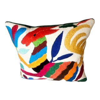 Accent Pillow in Otomi Hand Embroidery and Green Velvet For Sale