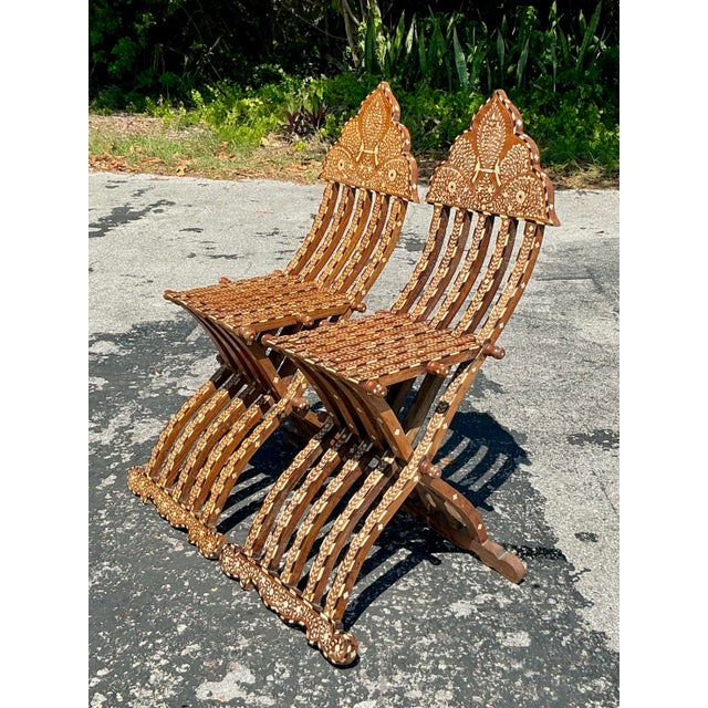 Brown Vintage Boho Moorish Inlay Folding Chairs- A Pair For Sale - Image 8 of 12