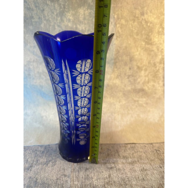 Vintage Czech-Bohemia Cobalt Cut-To-Clear Crystal Vase For Sale - Image 4 of 7