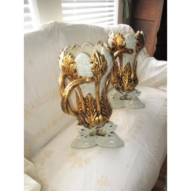 Vintage Italy Dolphin Base & Double Snake Handle Gold & Grey Vases- a Pair For Sale - Image 4 of 13