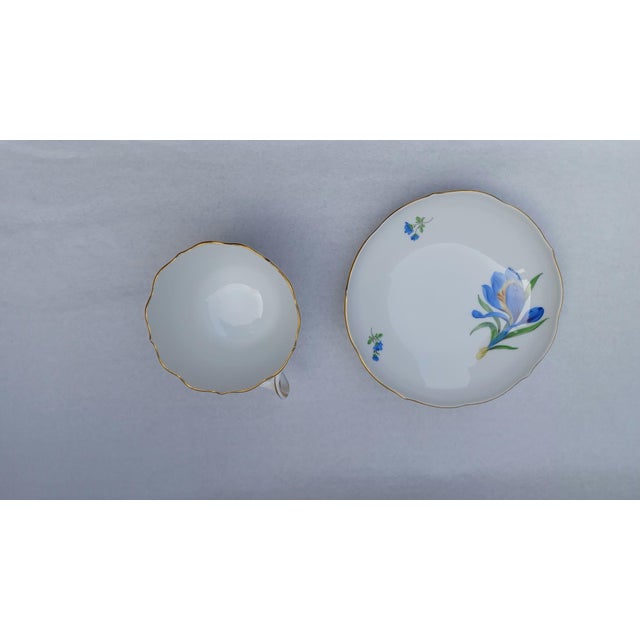 Porcelain Tea Cup and Saucer with Hand-Painted Blue Crocus from Meissen, 1960, Set of 2 For Sale - Image 12 of 17