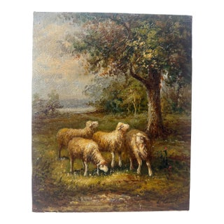 Vintage Original Realistic Sheep Landscape Animal Pastoral Oil Painting Canvas For Sale