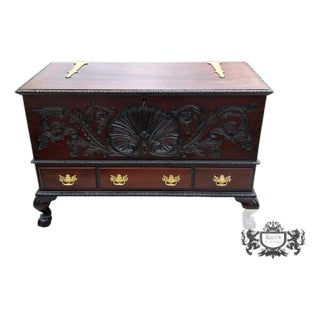 Antique Solid Mahogany Shell Carved Claw Foot Centennial Blanket Chest For Sale