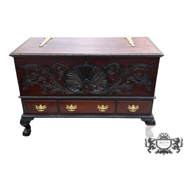Antique Solid Mahogany Shell Carved Claw Foot Centennial Blanket Chest For Sale