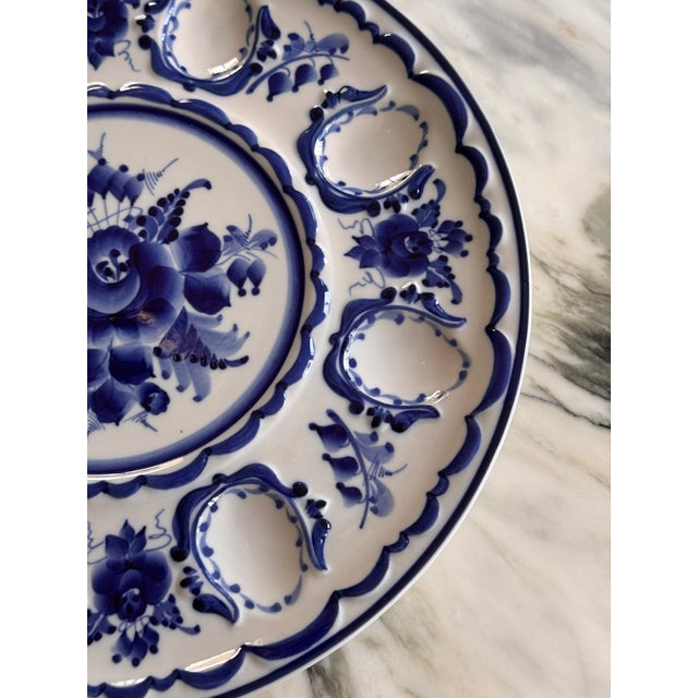 Vintage Gzhel Hand Painted Oyster Plate or Egg Plate For Sale In Seattle - Image 6 of 9