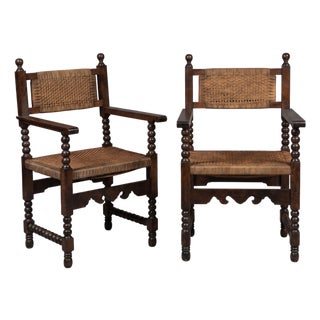 19th-C. French Louis XVIII Style Carved Walnut & Rush Bobbin Turned Arm Chairs - Pair For Sale