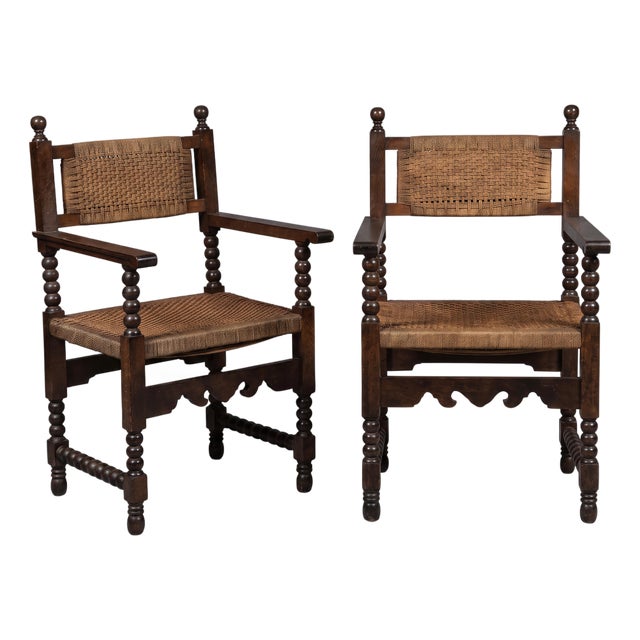 19th-C. French Louis XVIII Style Carved Walnut & Rush Bobbin Turned Arm Chairs - Pair For Sale