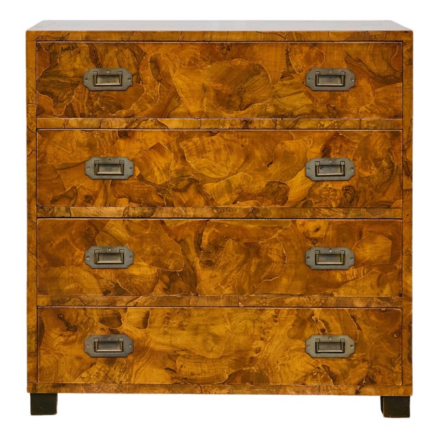 1940s Italian Walnut Commode with Elaborate Grain Patterns and Brass Hardware For Sale