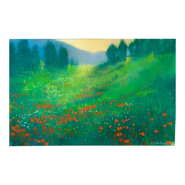 2002 German Contemporary Pastel Painting Radiant Landscape Field with Flowers Poppies by Kuno Vollet For Sale