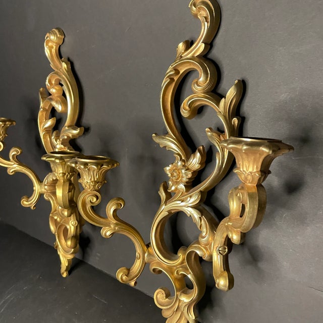 Plastic Hollywood Regency Style Syroco Gold Double Armed Sconces- a Pair For Sale - Image 7 of 7