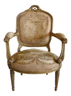Heavily Carved French Louis Style Tapestry Bergere Chair