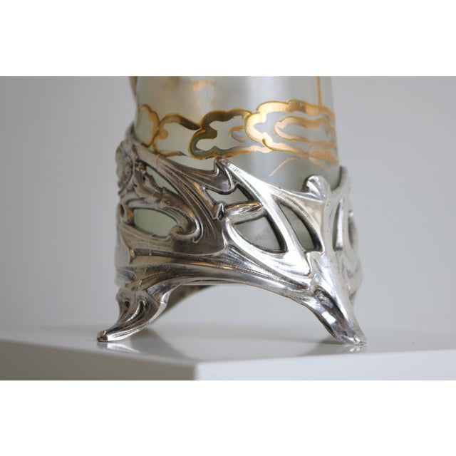 Breathtaking French antique Art Nouveau decanter / pitcher in silver plate with enamel painted glass by Jules Barian 1900....
