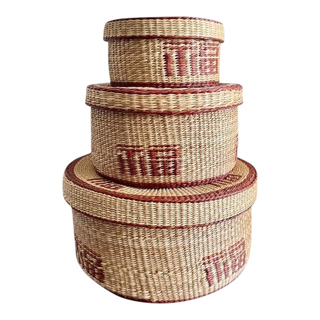 Vintage Woven Nesting Basket Set 3-Lidded Storage Boxes-Boho-Tribal-Southwest For Sale