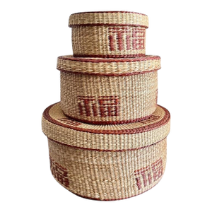 Vintage Woven Nesting Basket Set 3-Lidded Storage Boxes-Boho-Tribal-Southwest