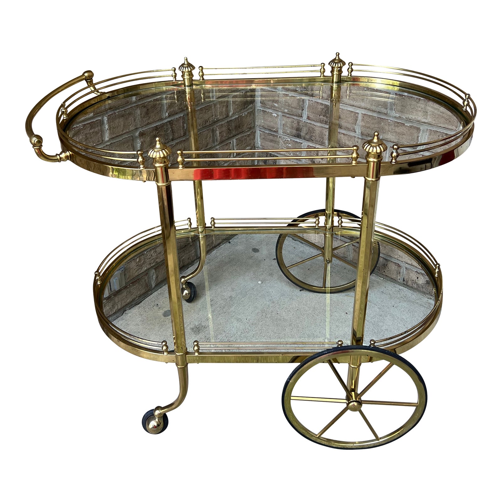 Vintage Mid Century Hollywood Regency Two-Tier Brass Glass Rolling ...