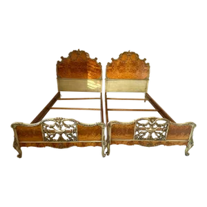 Romweber French/Louis XV Rococo Pair of Burl Wood Twin Beds W/Matching Chair