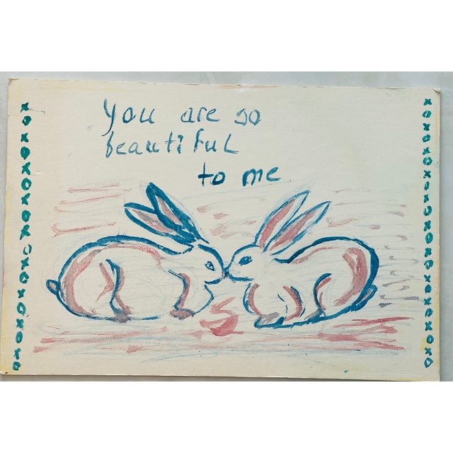 1970s Original Romantic Rabbits Sketch Painting Oil on Board For Sale - Image 4 of 4