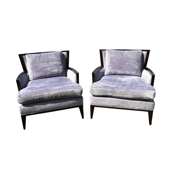 Elegant pair of California Lounge Chairs by Barbara Barry for Baker Furniture, model 6713C. These generously proportioned...