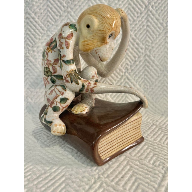 Late 20th Century Chinoiserie Crackle Glaze Monkey Scholar Figurine on Book For Sale In New Orleans - Image 6 of 10
