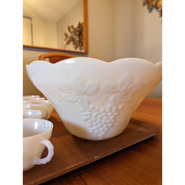 Late 20th Century Anchor Hocking Mid Century Milk Glass Grape Design Punch Bowl - 16 Pieces For Sale - Image 9 of 12