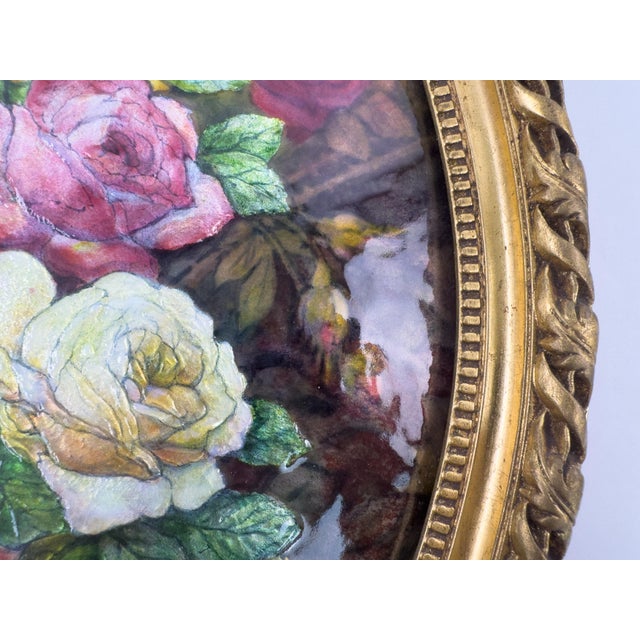 Rose Camille Fauré Limoges Oval Enamel Plaque, Bouquet of Roses, Mid-20th Century For Sale - Image 8 of 17